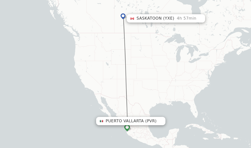 Flights from Puerto Vallarta to Saskatoon route map