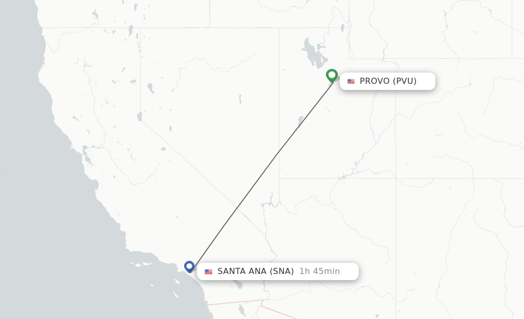 Flights from Provo to Santa Ana route map