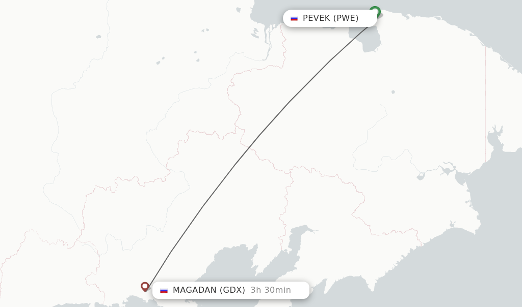 Flights from Pevek to Magadan route map