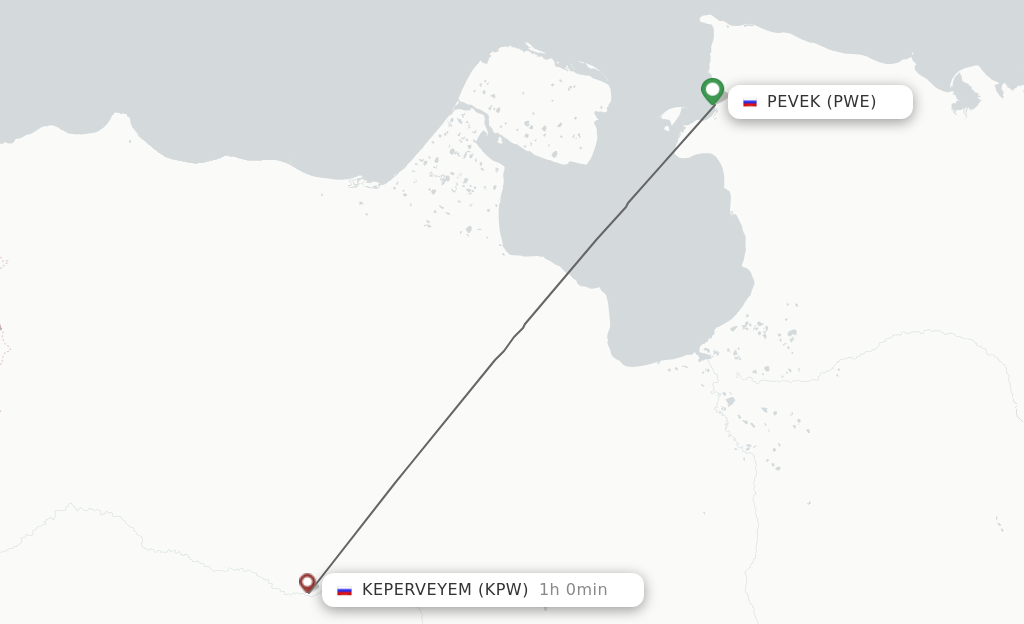 Flights from Pevek to Keperveyem route map
