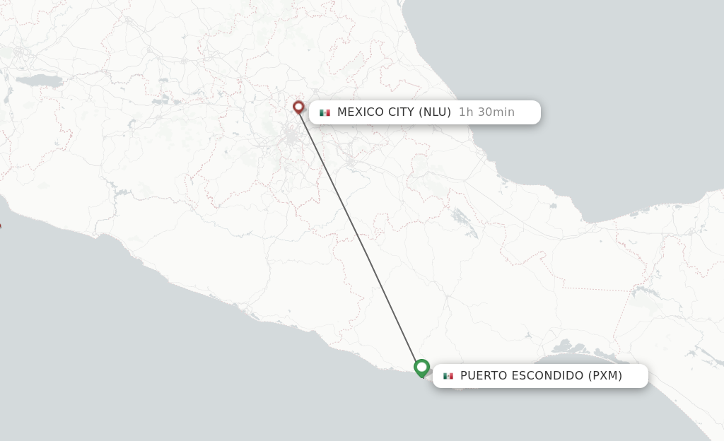 Flights from Puerto Escondido to Mexico City route map