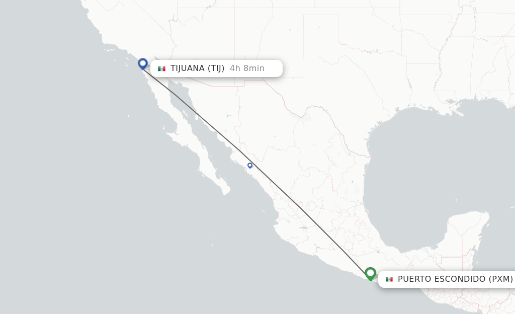 Flights from Puerto Escondido to Tijuana route map