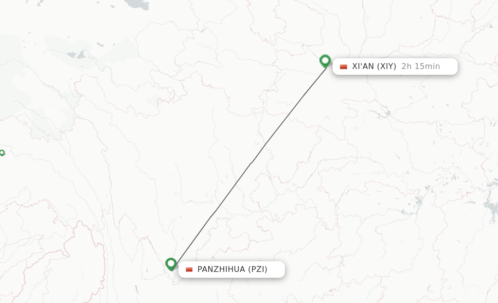 Flights from Pan Zhi Hua to Xian route map