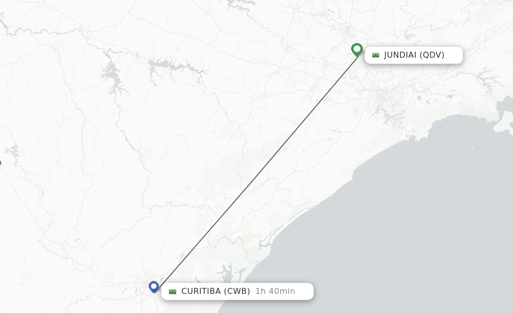 Flights from Jundiai to Curitiba route map
