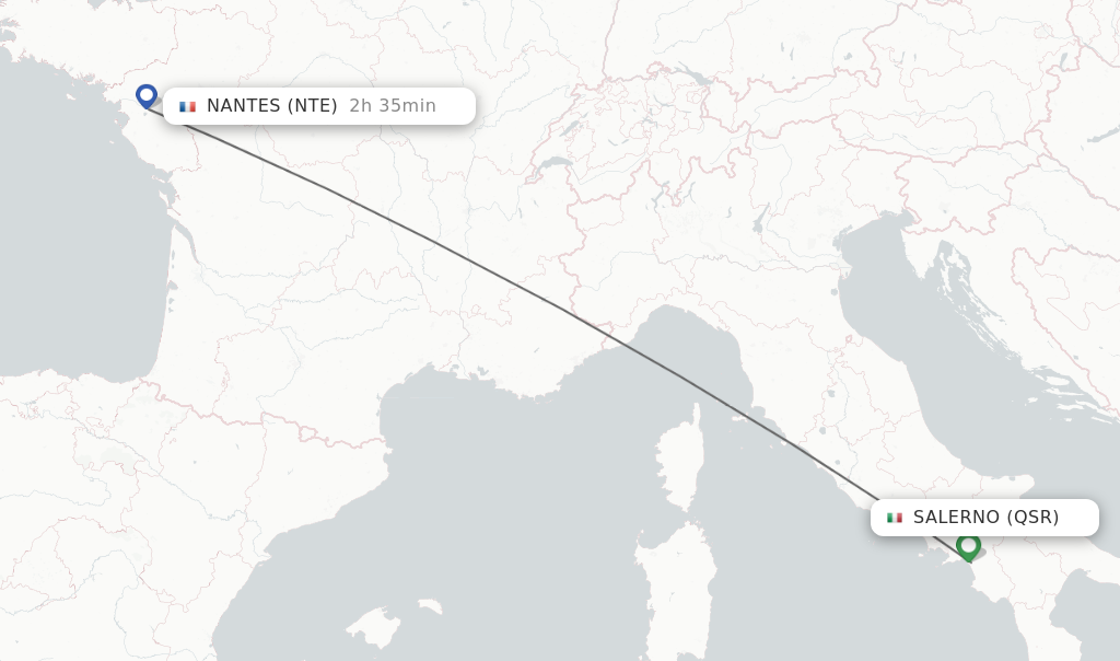 Flights from Nantes to Salerno route map