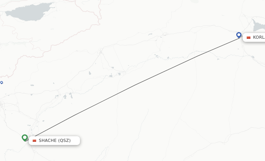 Flights from Shache to Korla route map