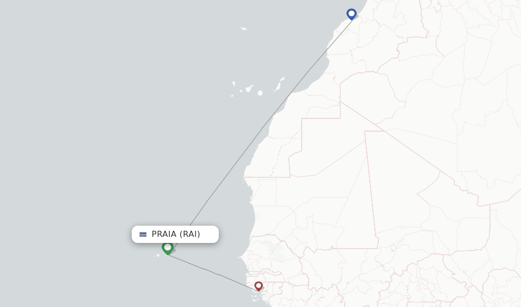 Route map with flights from Praia with Royal Air Maroc
