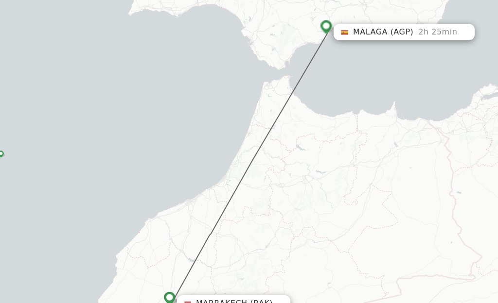 Flights from Marrakech to Malaga route map