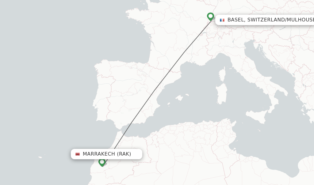 Flights from Marrakech to Basel, Switzerland/Mulhouse route map