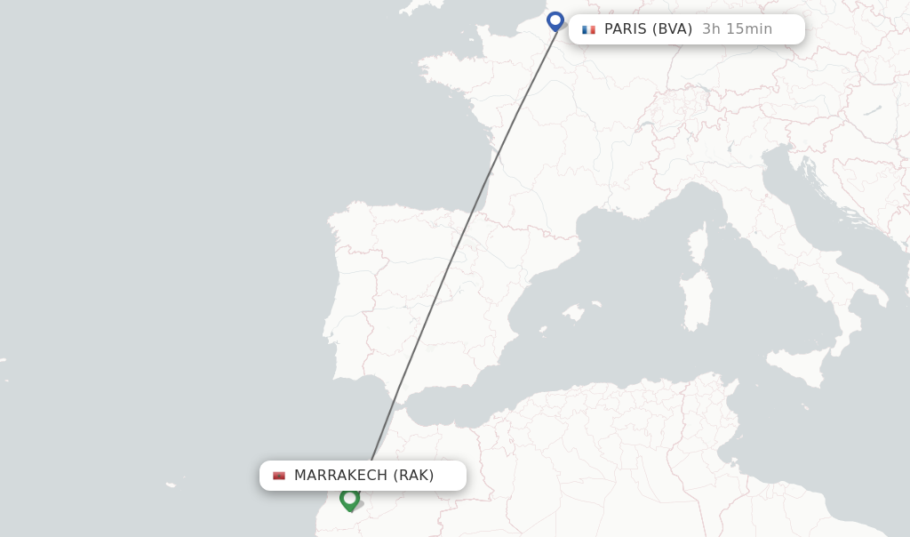 Flights from Marrakech to Paris route map