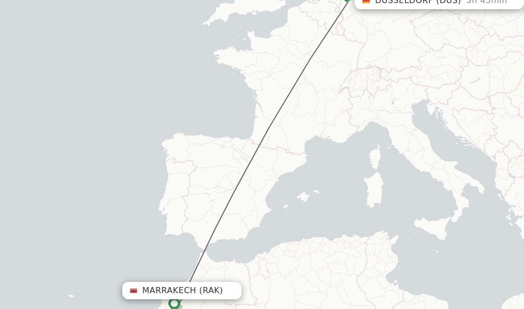 Flights from Marrakech to Dusseldorf route map
