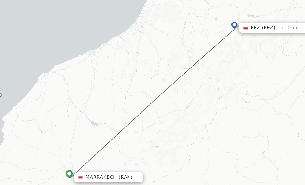 Flights from Marrakech to Fez route map