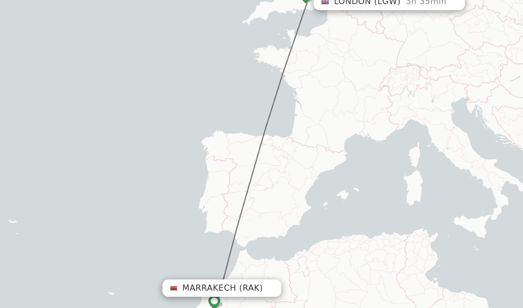 Flights from Marrakech to London route map
