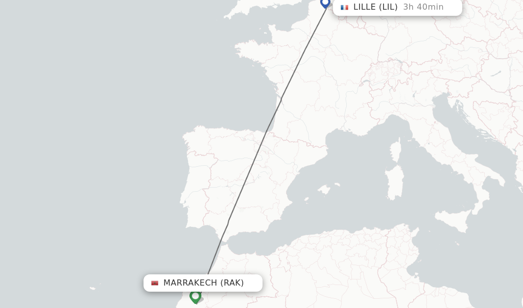 Flights from Marrakech to Lille route map