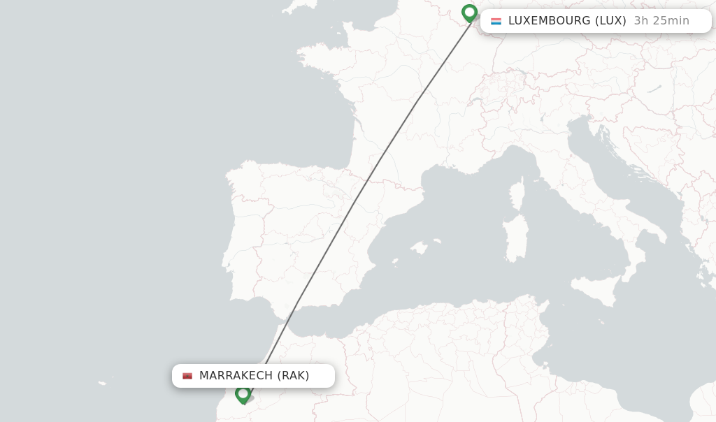 Flights from Marrakech to Luxembourg route map