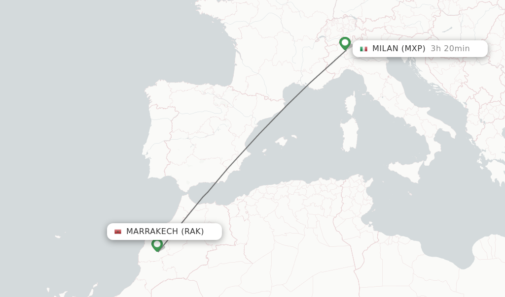 Flights from Marrakech to Milan route map