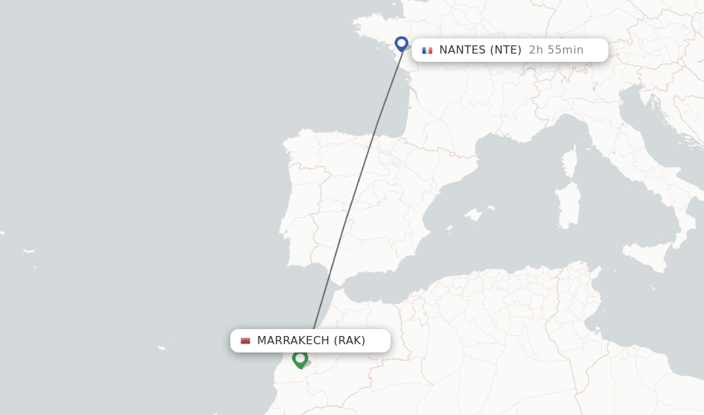 Flights from Marrakech to Nantes route map