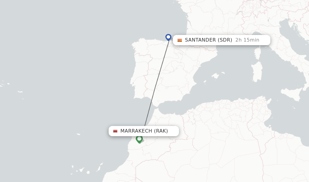 Flights from Marrakech to Santander route map