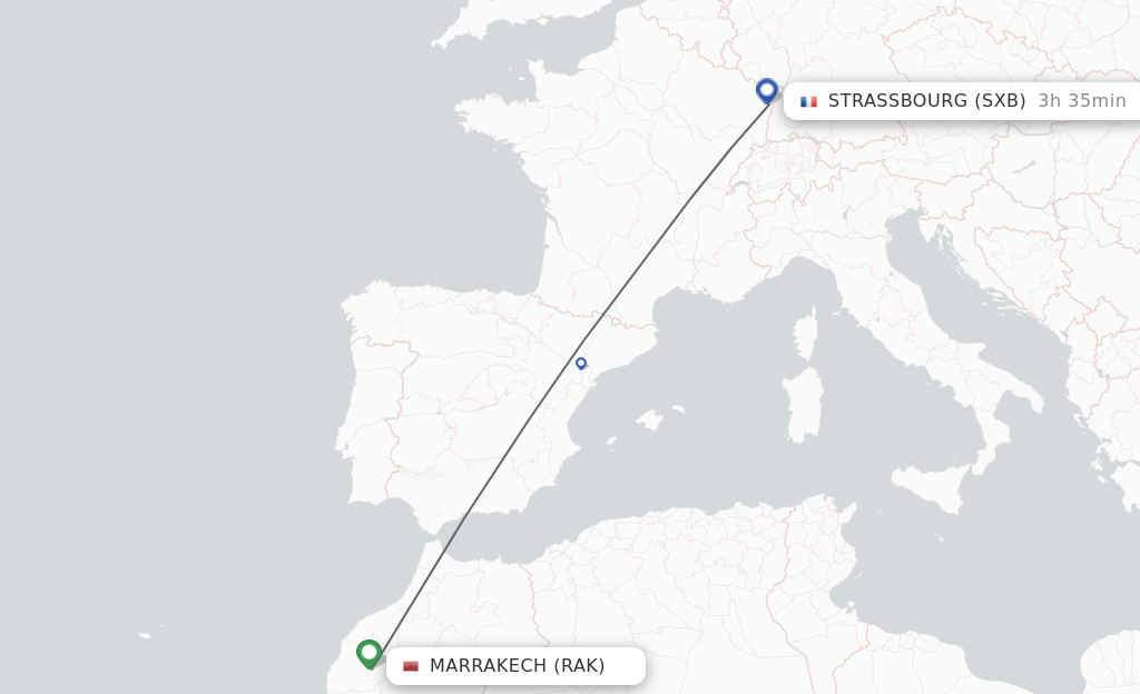 Flights from Marrakech to Strasbourg route map