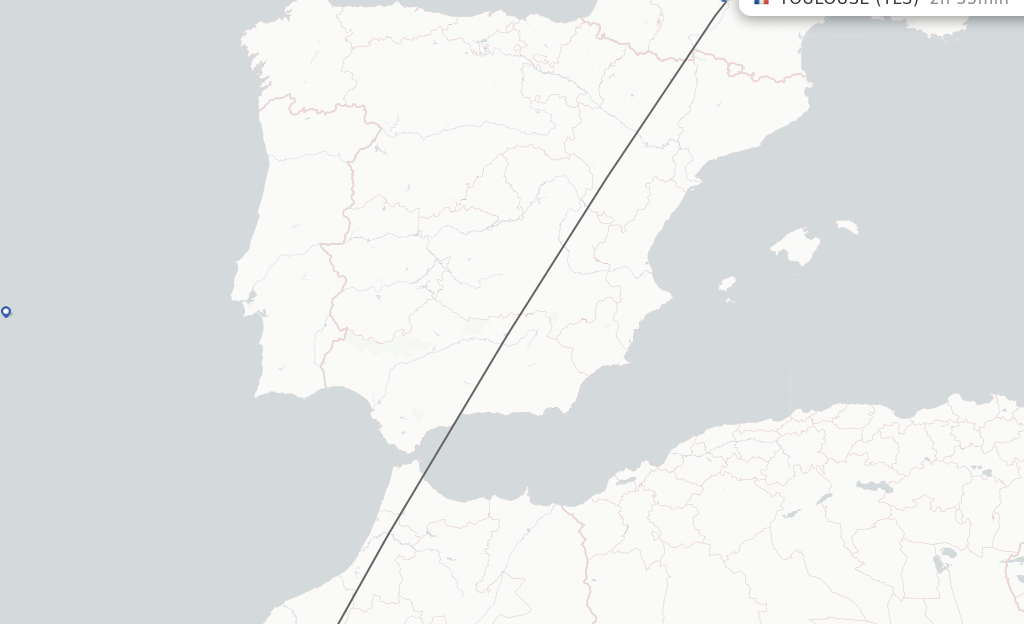 Flights from Marrakech to Toulouse route map
