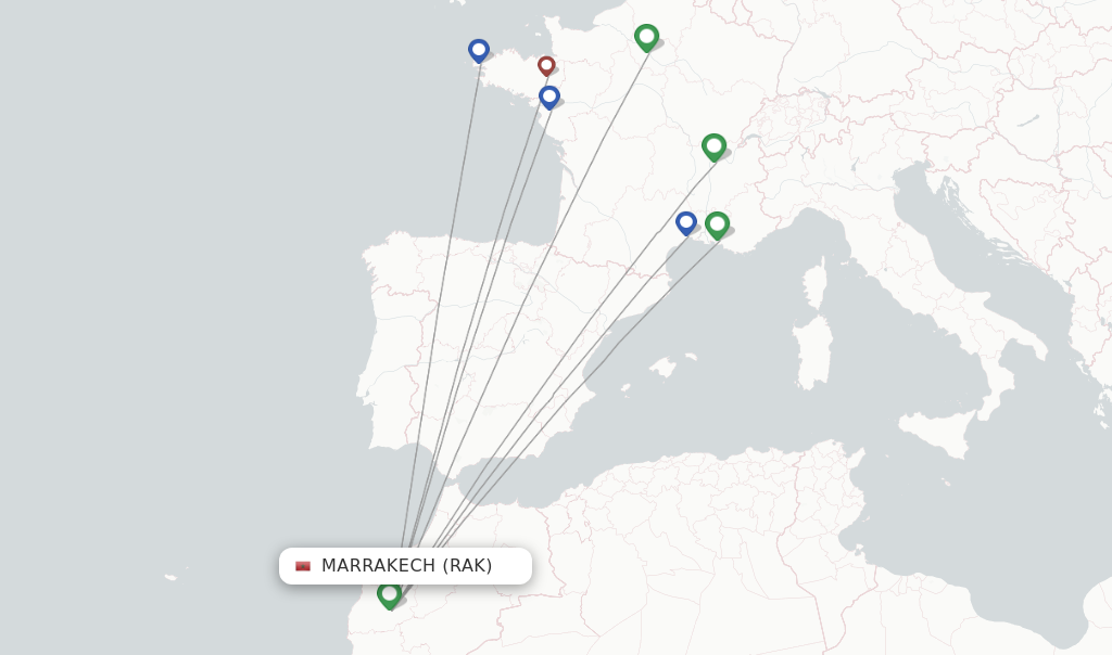 Route map with flights from Marrakech with Transavia France