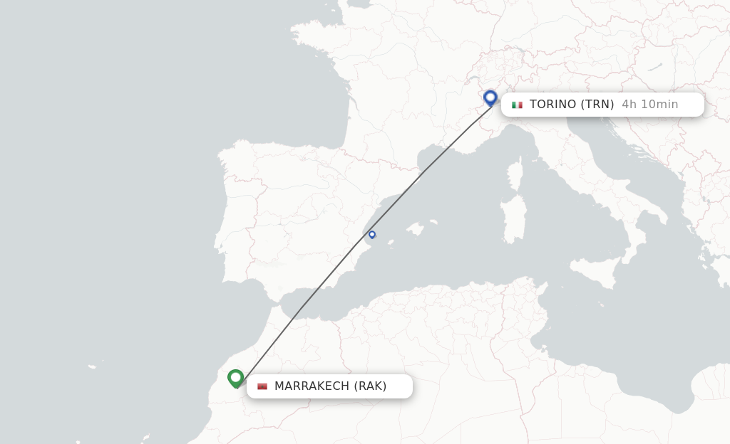 Flights from Marrakech to Turin route map