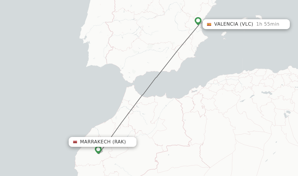 Flights from Marrakech to Valencia route map