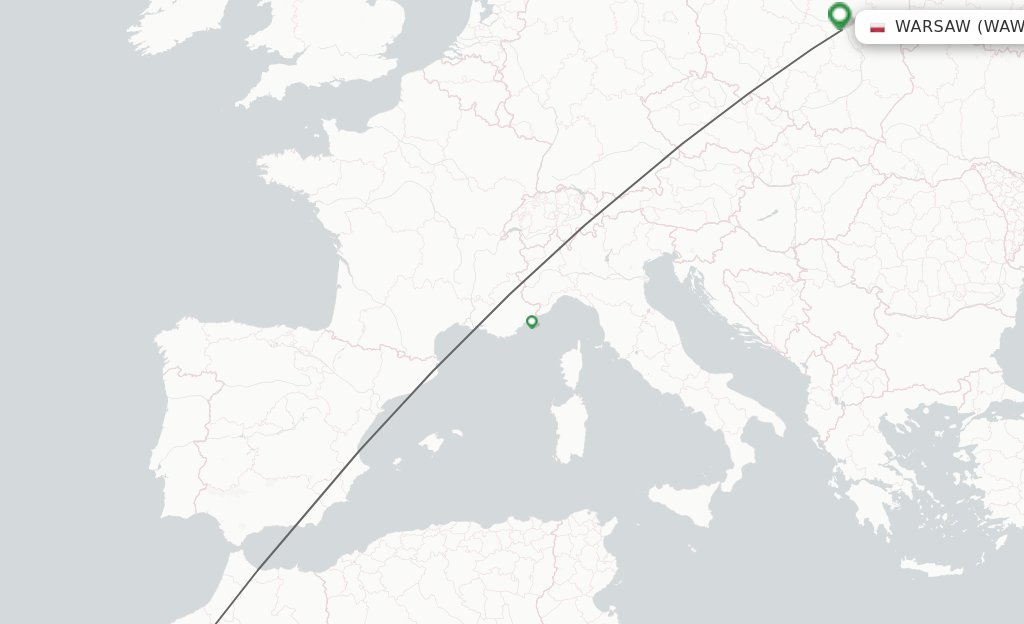 Flights from Marrakech to Warsaw route map