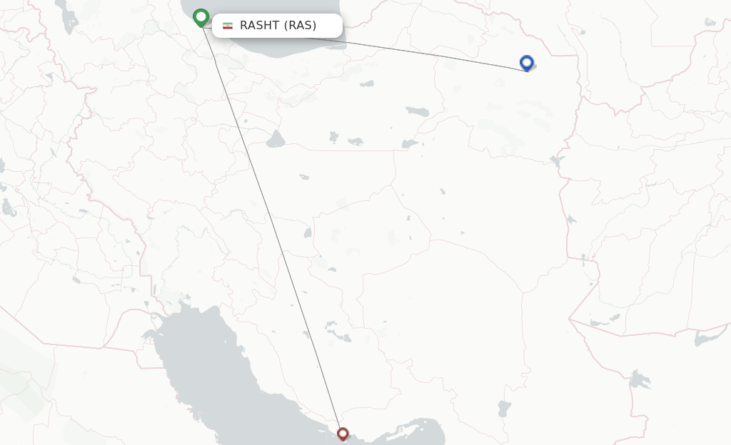 Route map with flights from Rasht with Iran Airtour