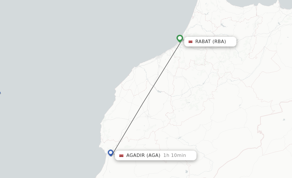 Flights from Rabat to Agadir route map