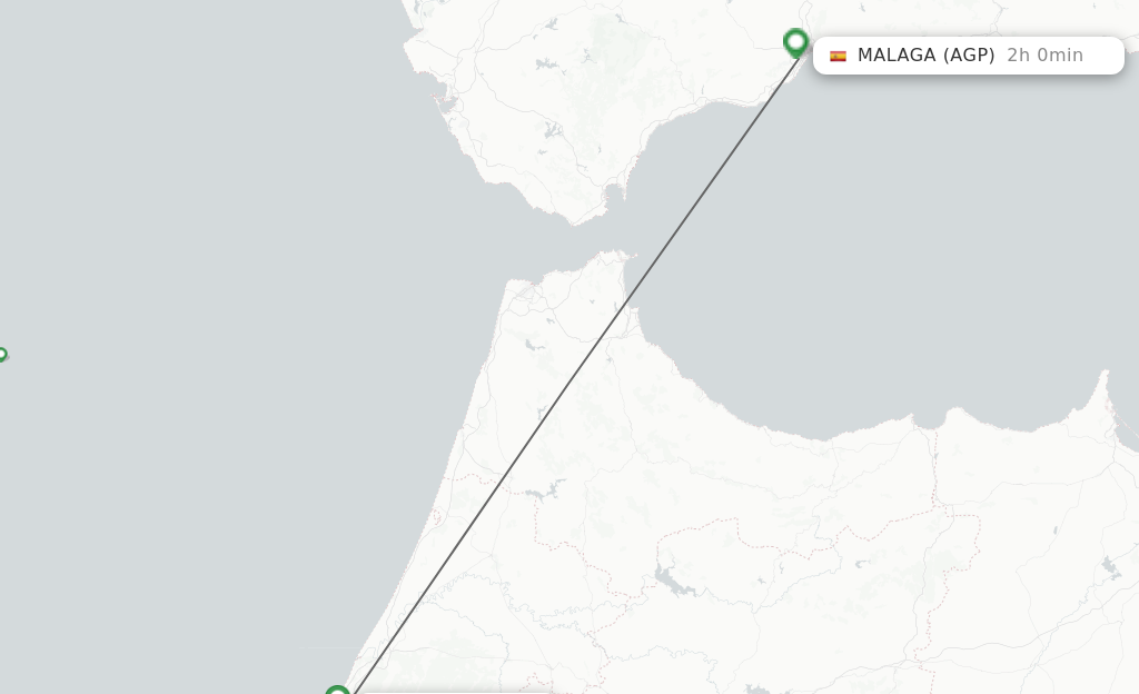 Flights from Rabat to Malaga route map