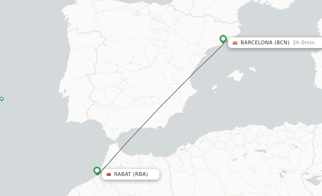 Flights from Rabat to Barcelona route map