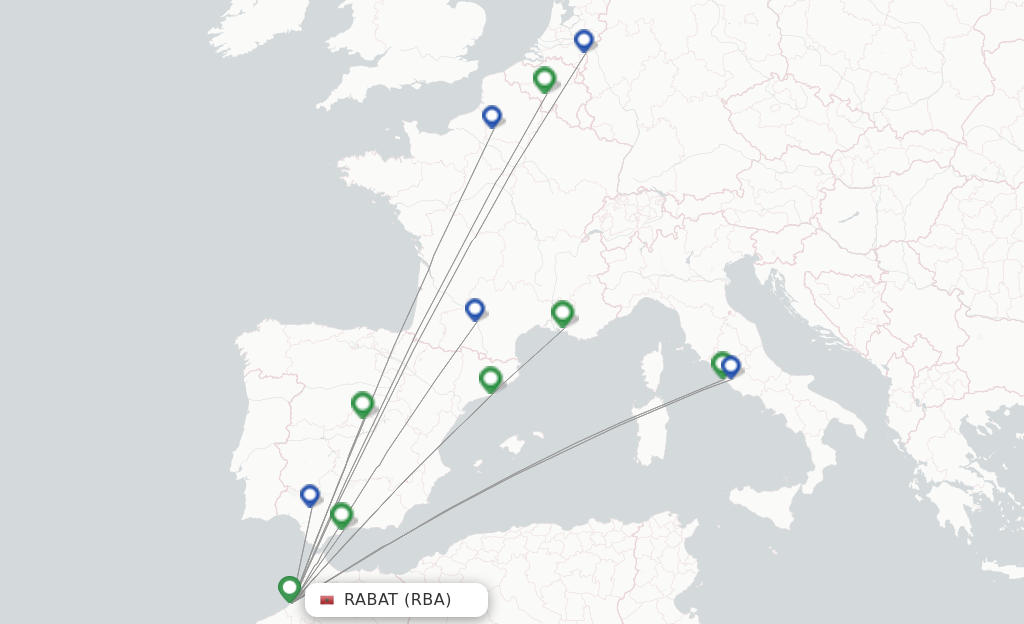 Route map with flights from Rabat with Ryanair