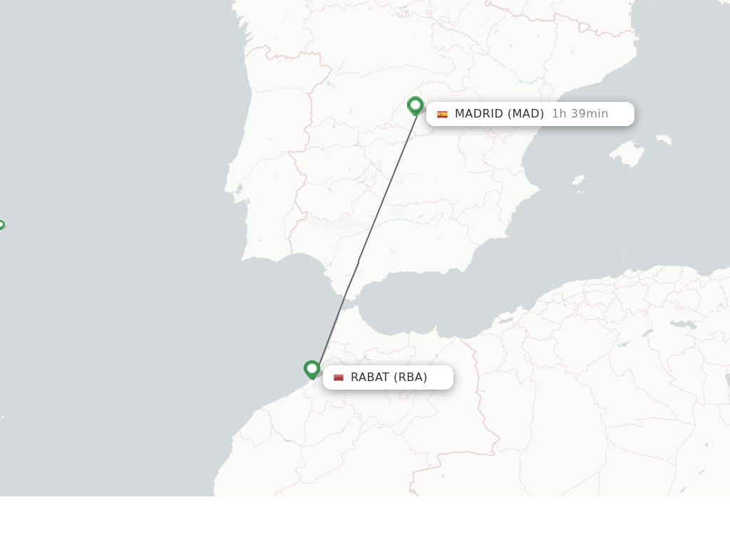 Flights from Rabat to Madrid route map