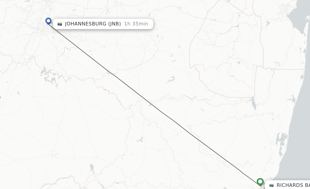 Flights from Richards Bay to Johannesburg route map