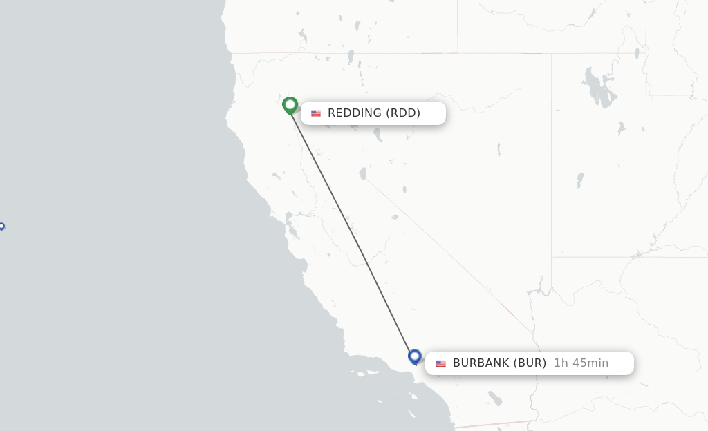 Flights from Redding to Burbank route map