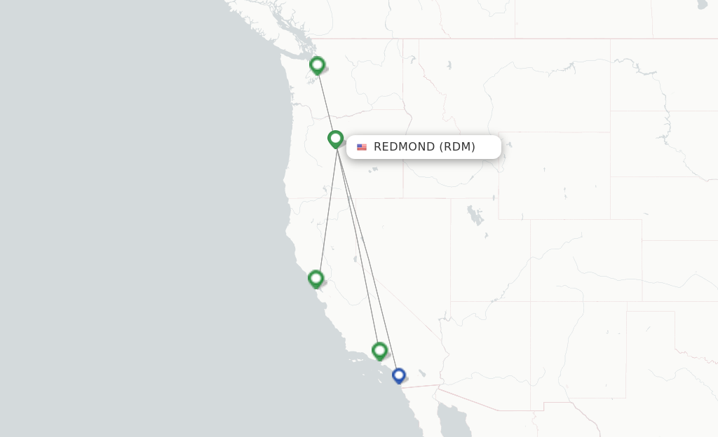 Route map with flights from Redmond with Alaska Airlines