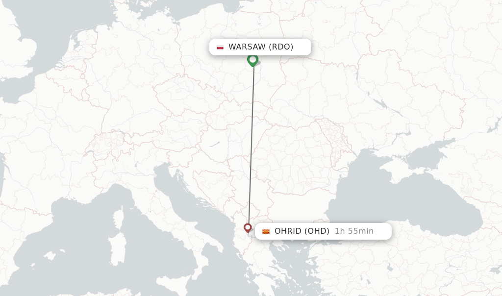 Flights from Warsaw to Ohrid route map