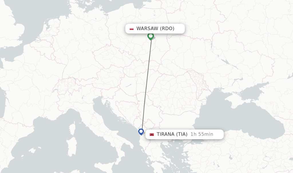 Flights from Tirana to Warsaw route map
