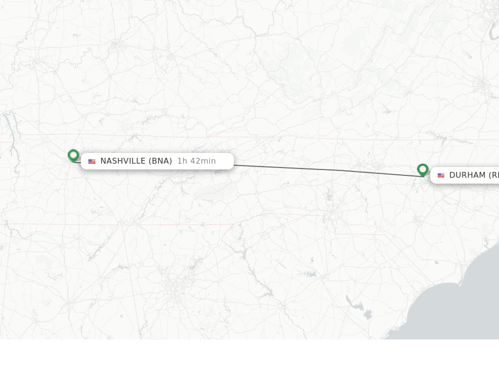 Flights from Raleigh/Durham to Nashville route map