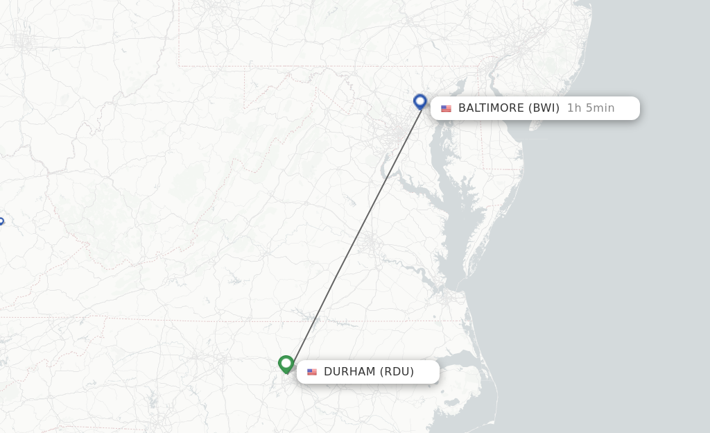Flights from Raleigh/Durham to Baltimore route map