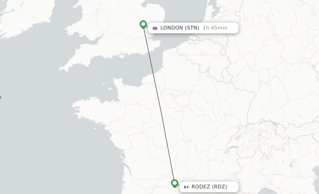 Flights from Rodez to London route map