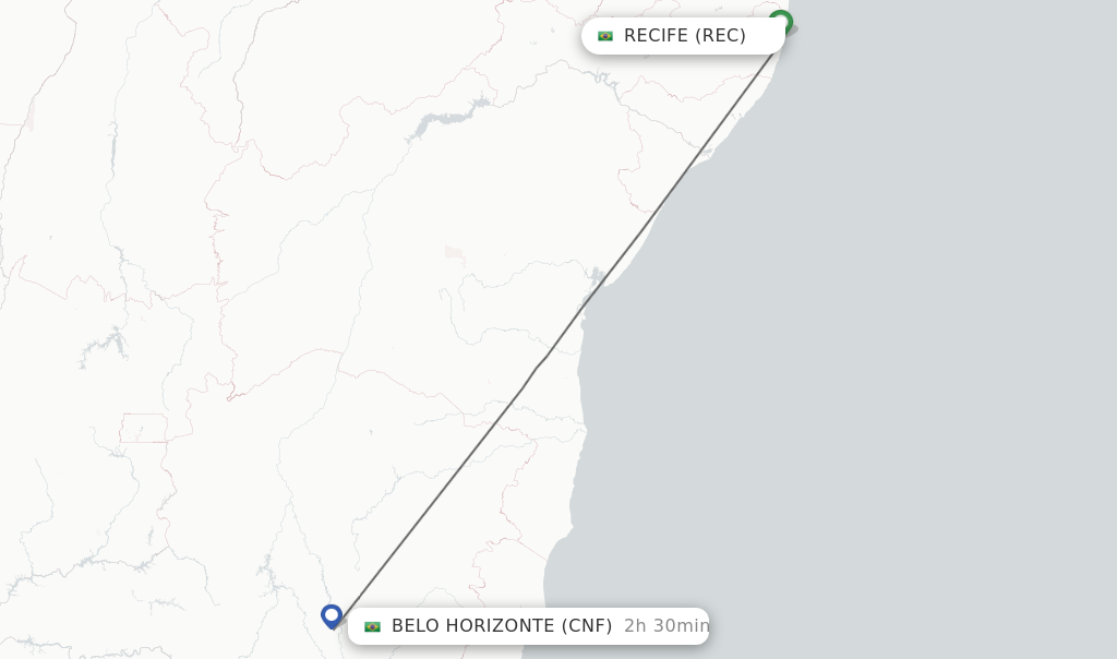 Flights from Recife to Belo Horizonte route map