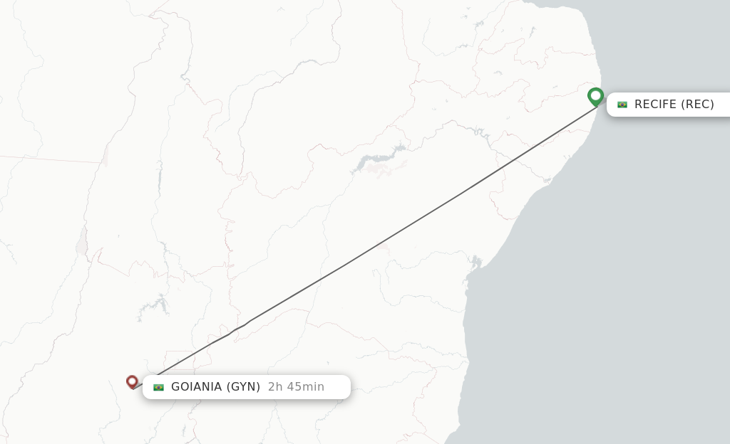 Flights from Recife to Goiania route map