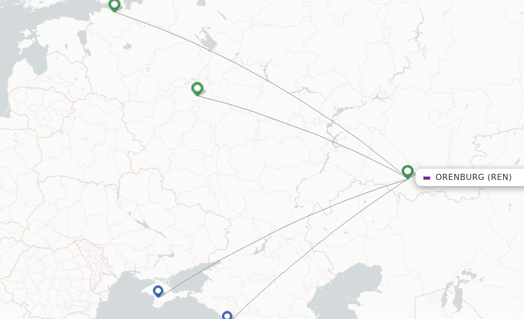 Route map with flights from Orenburg with Nordavia Regional Airlines