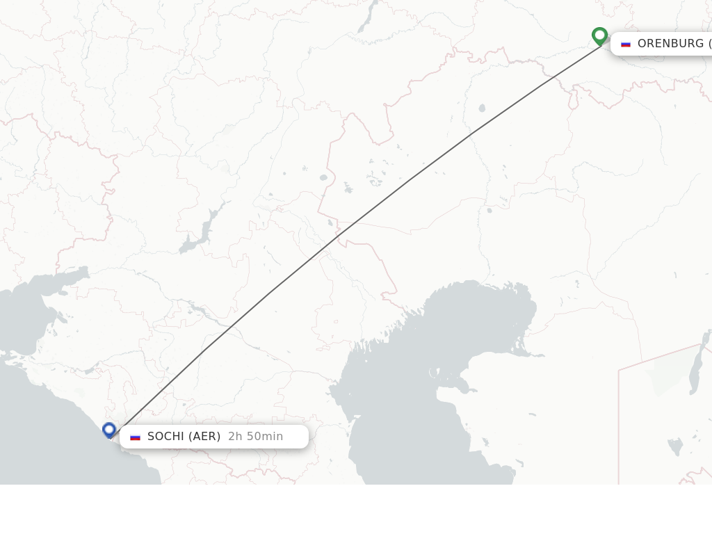 Flights from Orenburg to Adler/Sochi route map