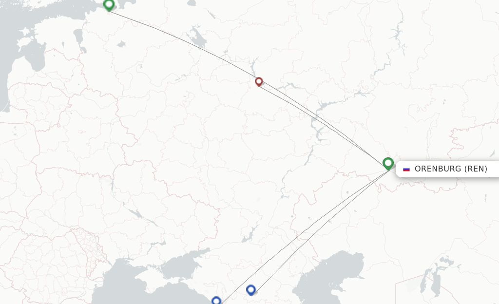 Route map with flights from Orenburg with Ikar