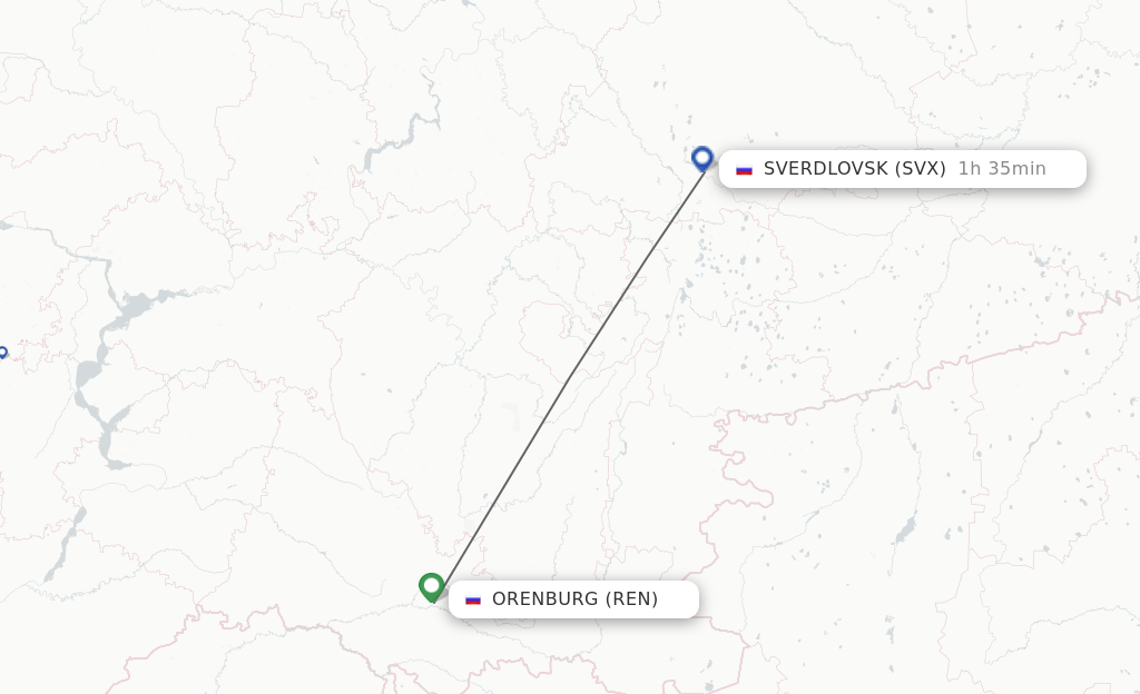 Flights from Orenburg to Yekaterinburg route map