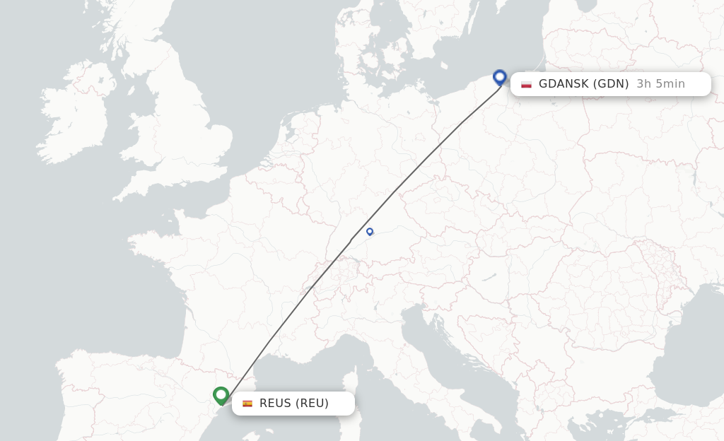 Flights from Reus to Gdansk route map