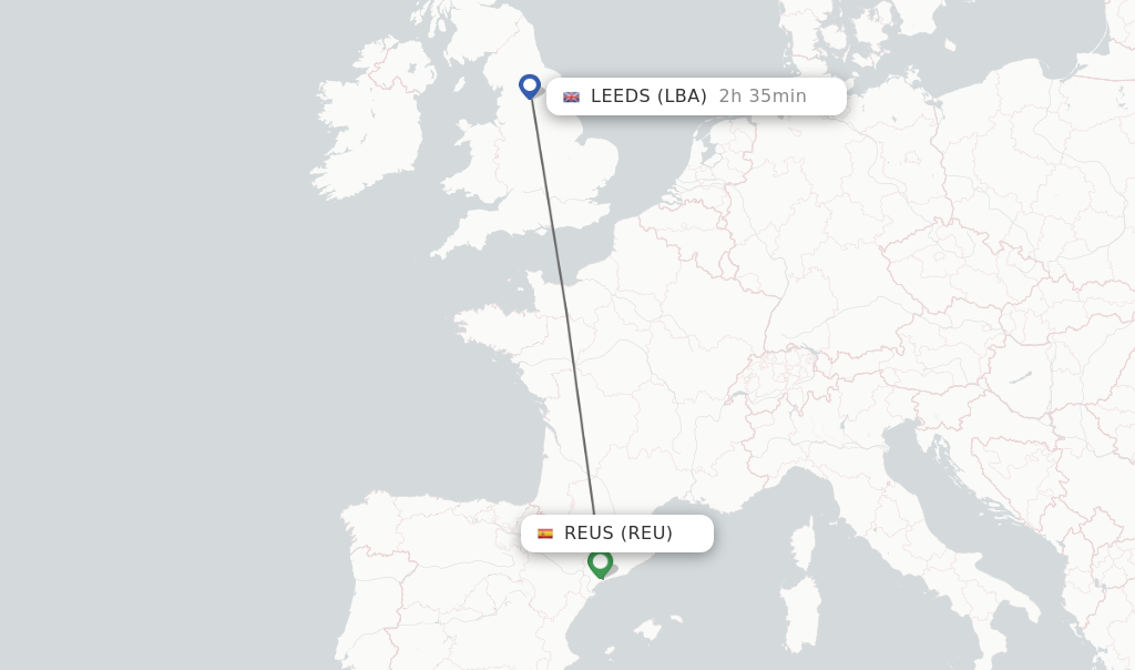 Flights from Reus to Leeds route map